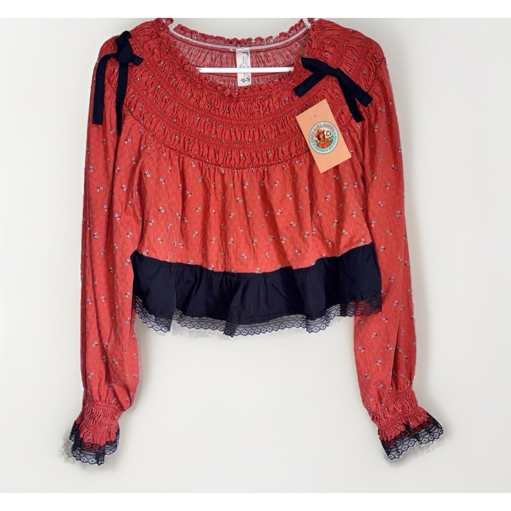 Upcycled Reworked 100% Cotton Cropped Women's M Babydoll Bohemian Cute Blouse